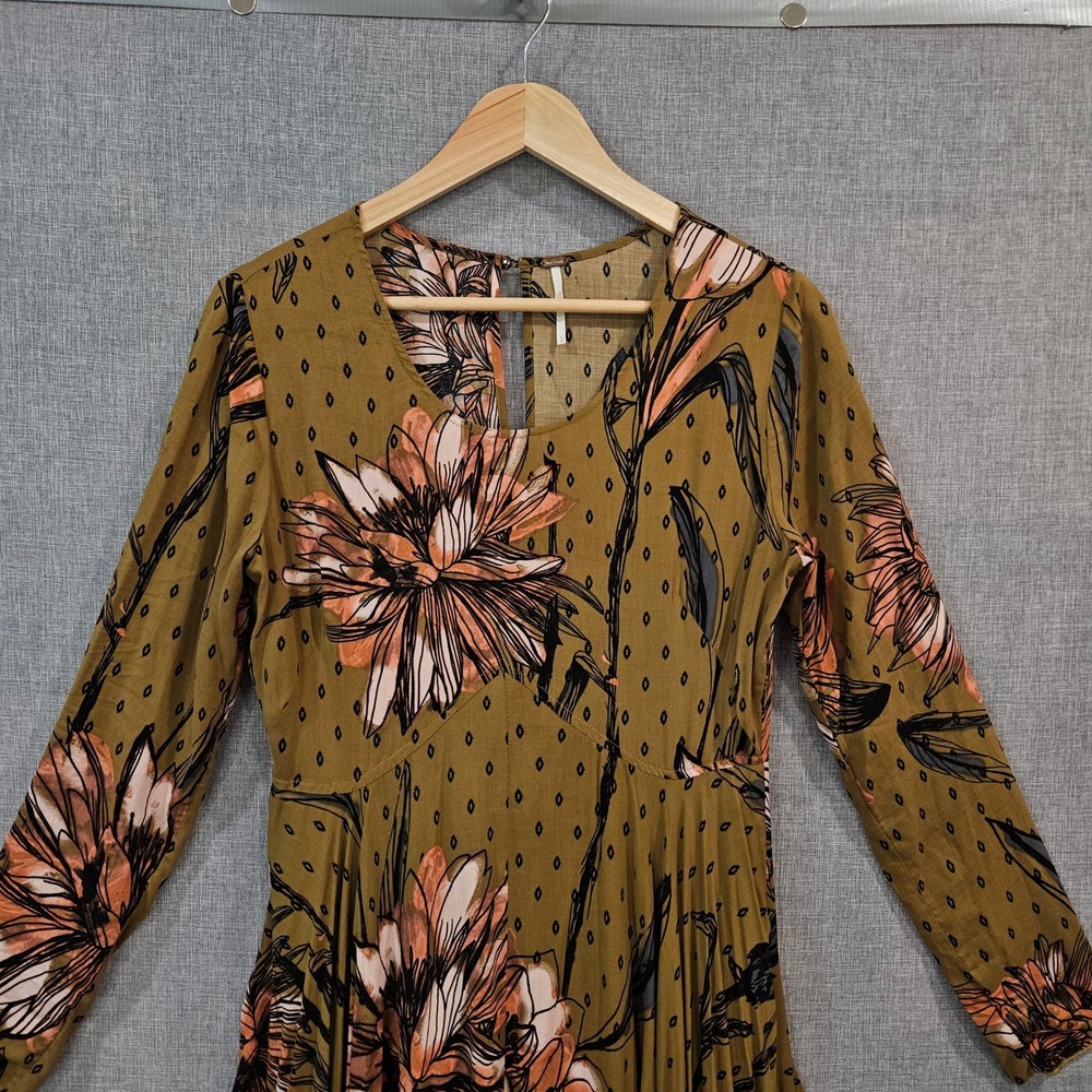 Free People First Kiss Floral Maxi Dress Small Long Sleeve Boho Goldenrod Multi - Picture 5 of 16